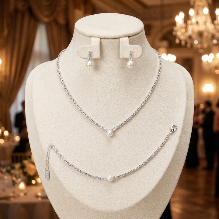 Pearl Accented Rhinestone Necklace Jewelry Set