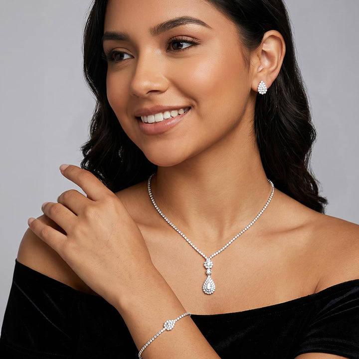 3PCS - Rhinestone Teardrop Accented Necklace Jewelry Set