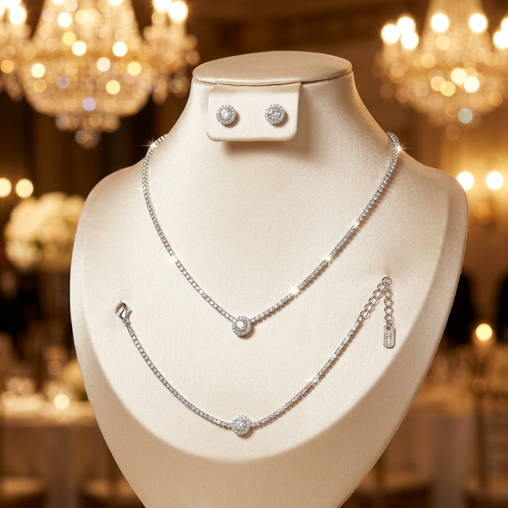 Round Halo Accent Rhinestone Jewelry Set