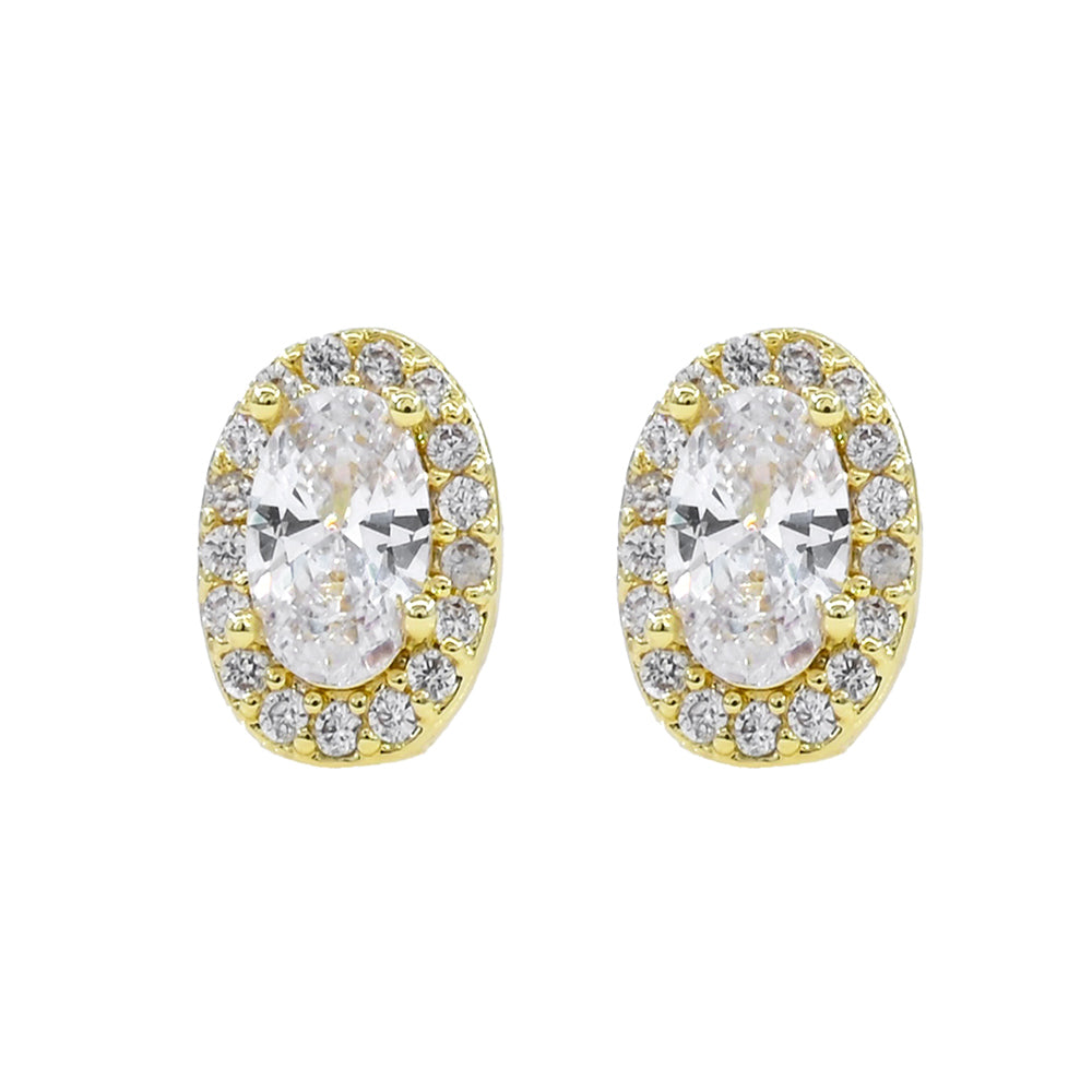 White Gold Dipped CZ Oval Halo Stud Earrings|zsazsa