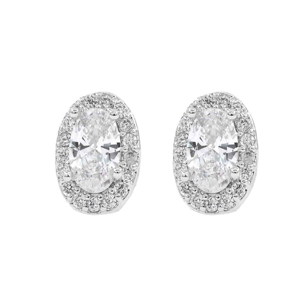 White Gold Dipped CZ Oval Halo Stud Earrings|zsazsa