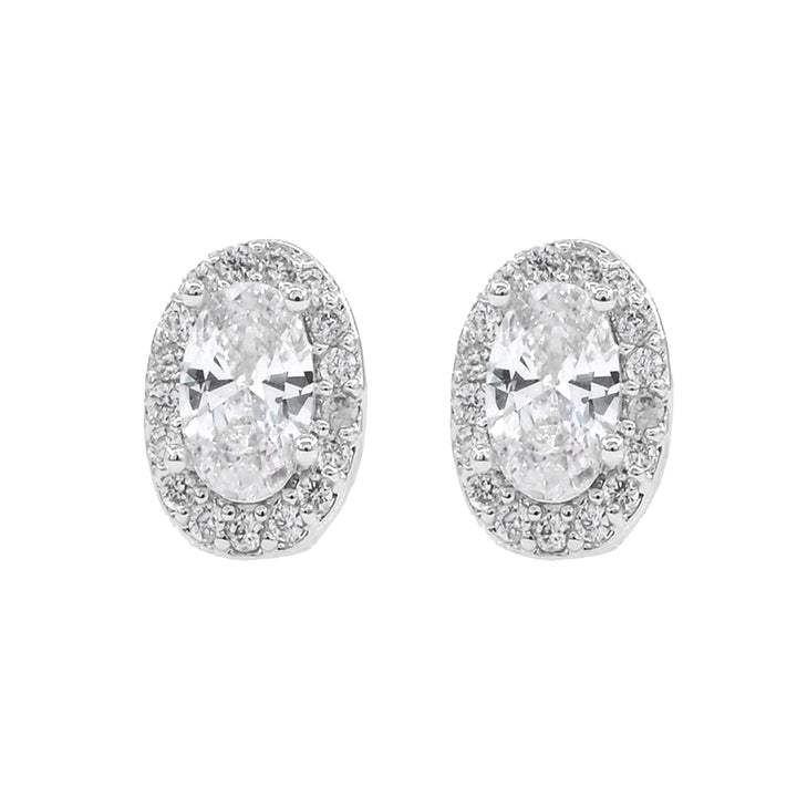 White Gold Dipped CZ Oval Halo Stud Earrings|zsazsa
