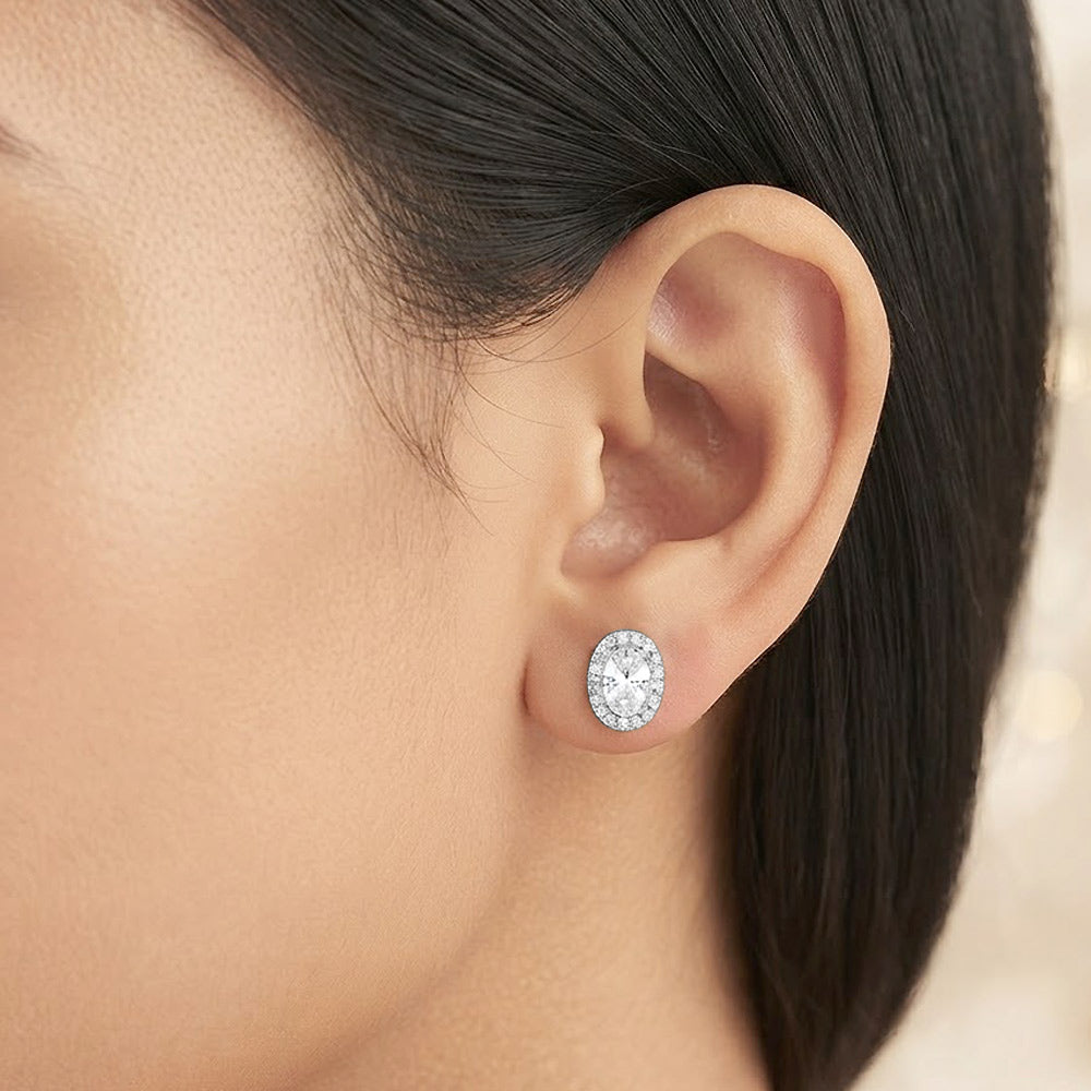 White Gold Dipped CZ Oval Halo Stud Earrings|zsazsa