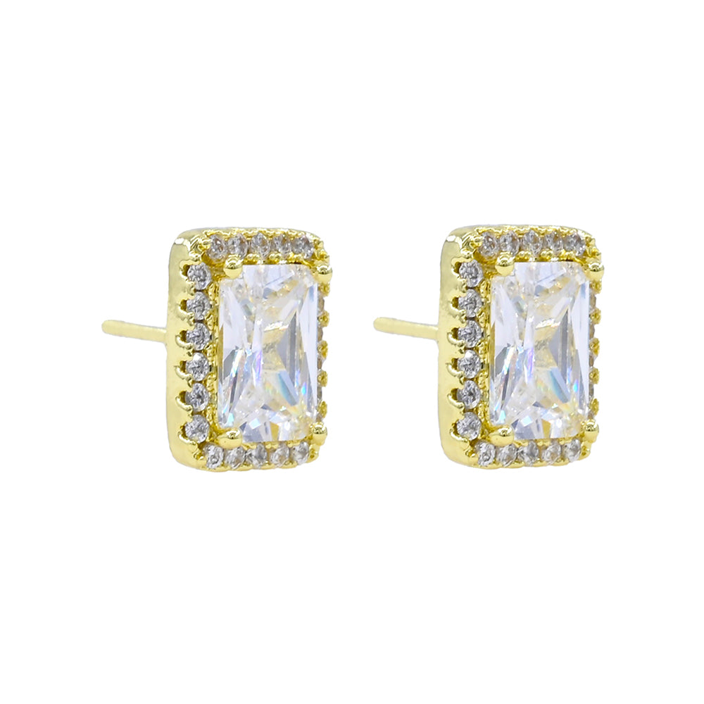 White Gold Dipped Rectangular CZ Halo Stud Earrings|zsazsa