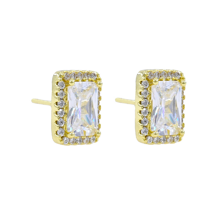 White Gold Dipped Rectangular CZ Halo Stud Earrings|zsazsa