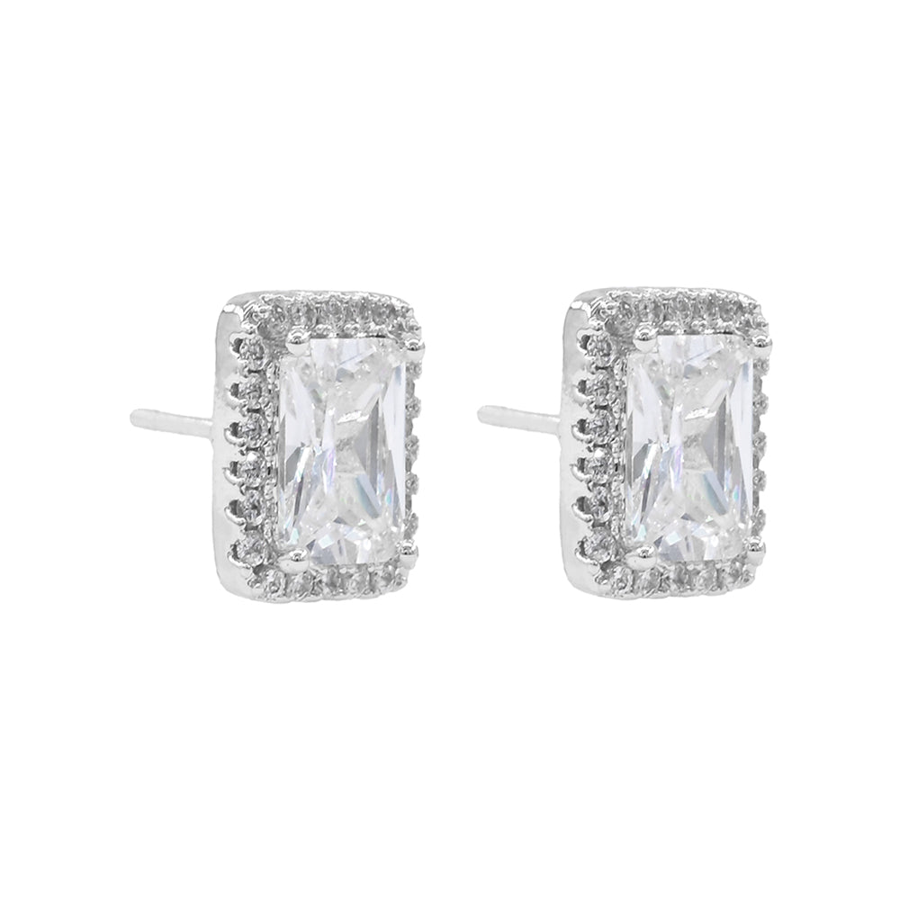 White Gold Dipped Rectangular CZ Halo Stud Earrings|zsazsa
