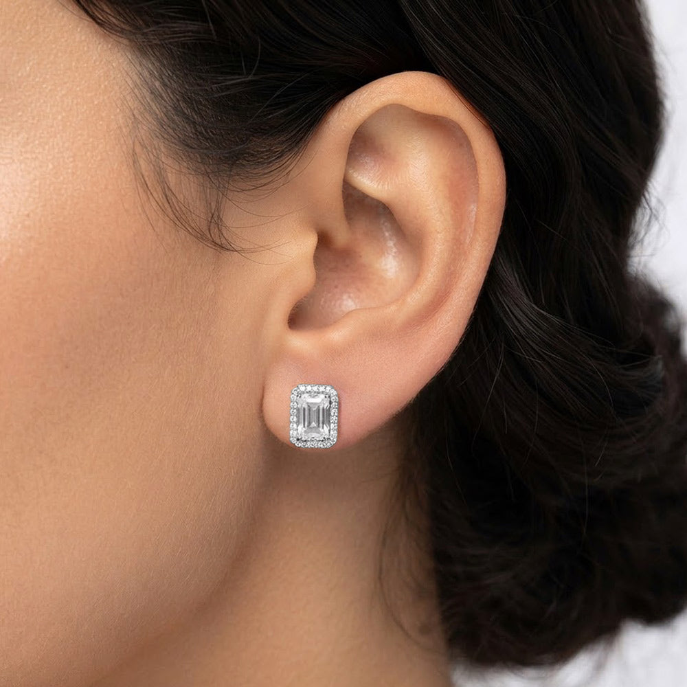 White Gold Dipped Rectangular CZ Halo Stud Earrings|zsazsa