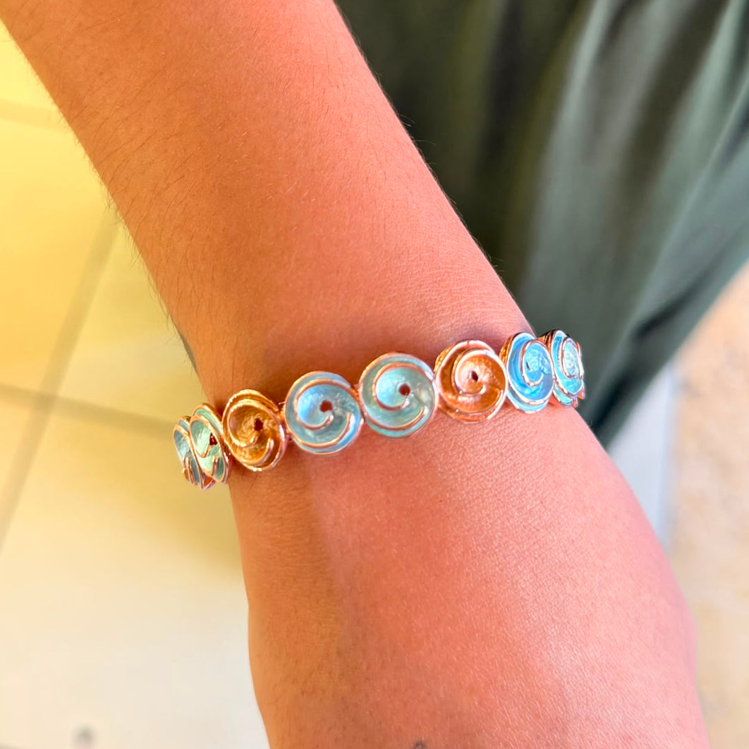 Enamel light blue, light turquoise and gold spiral rose gold plated set