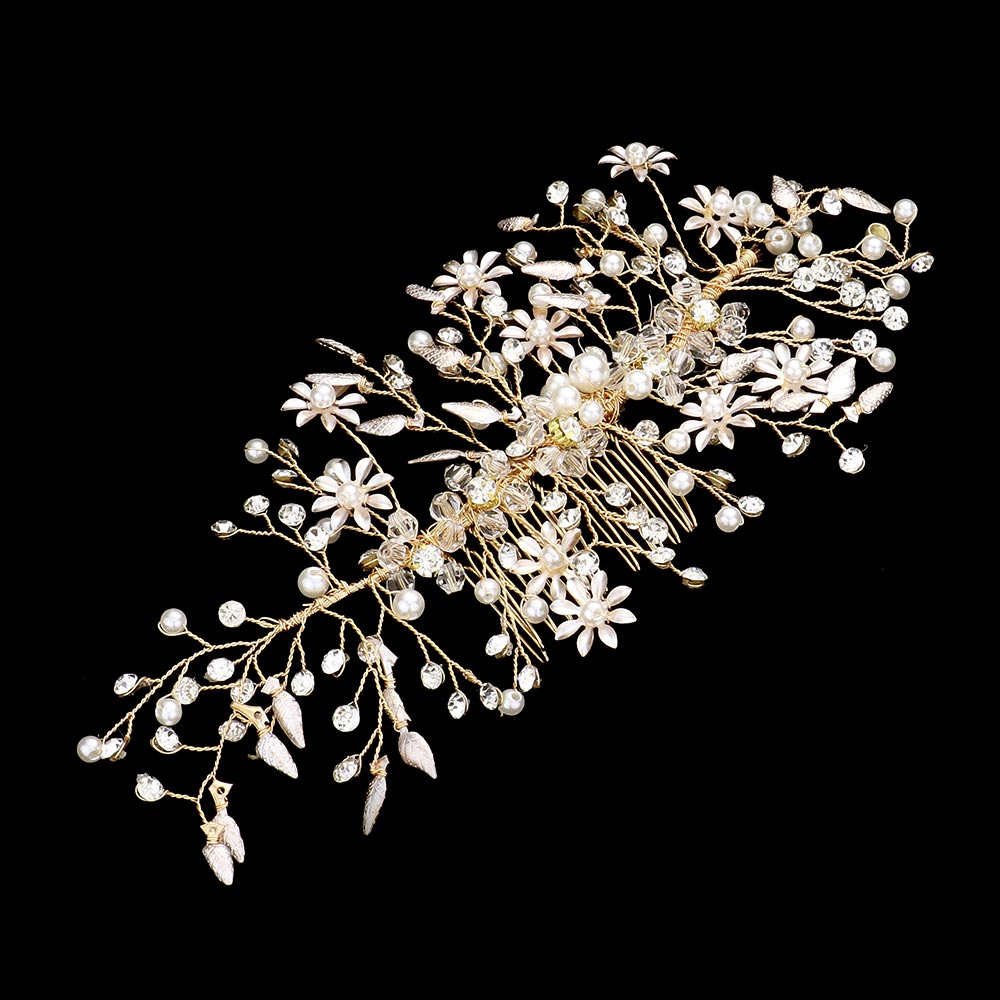 Pearl Stone Embellished Flower Leaf Hair Comb
